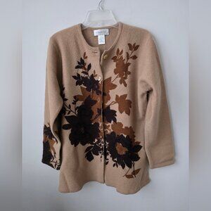 SUSAN BRISTOL | Beige Floral Cardigan JACKET Hand Embroidered 100% Wool Sz LARGE